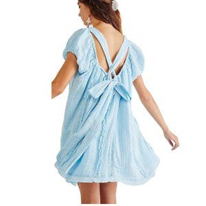 Free People Angele Mini Dress Small Endless Summer Blue Oversized Puff Sleeve S